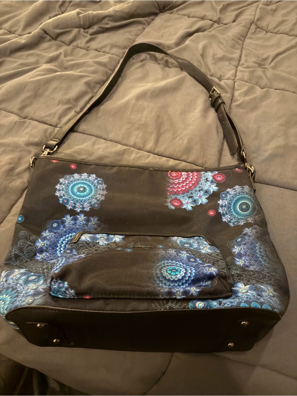 Desigual Black Shoulder Bag with Blue Floral Mandala Print